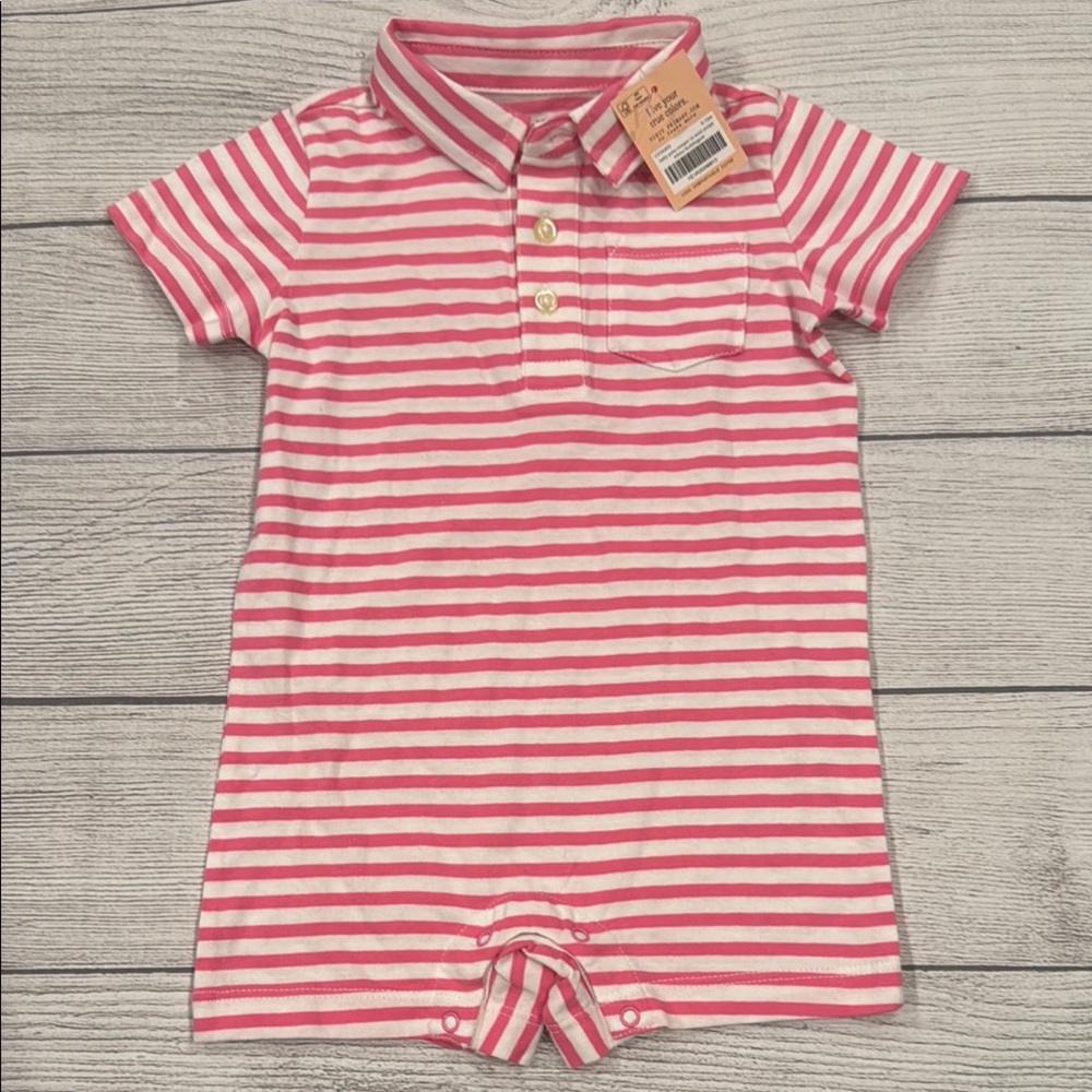 Primary Pink and White Striped Baby Romper
